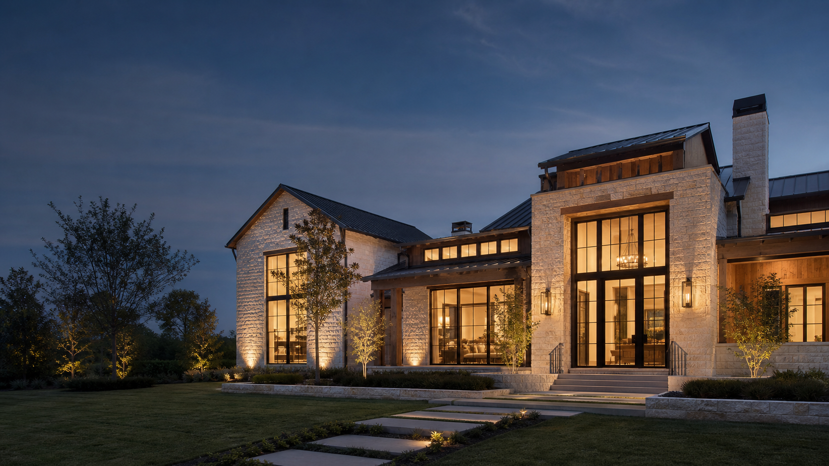 Contemporary custom estate at twilight